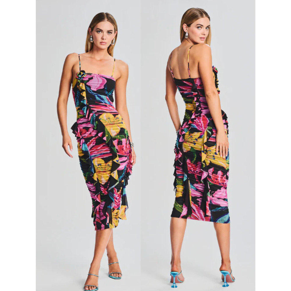 NWT Rococo Sand Chris Floral Ruched Bodycon Midi Dress Black Multi Womens Size S
